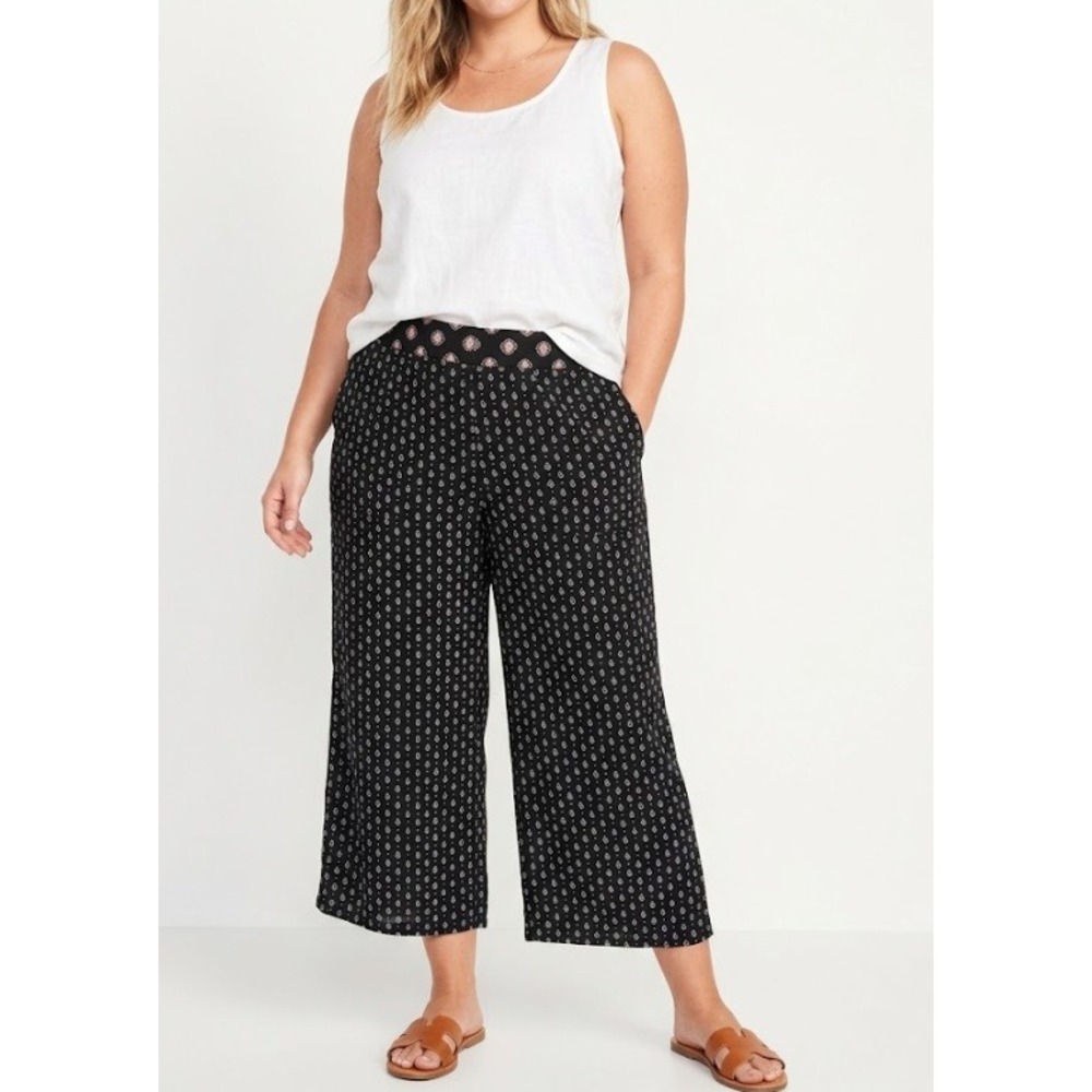 LOFT Wide Leg Crop Pants size 14 Black Geometric Print High Rise Pockets Boho